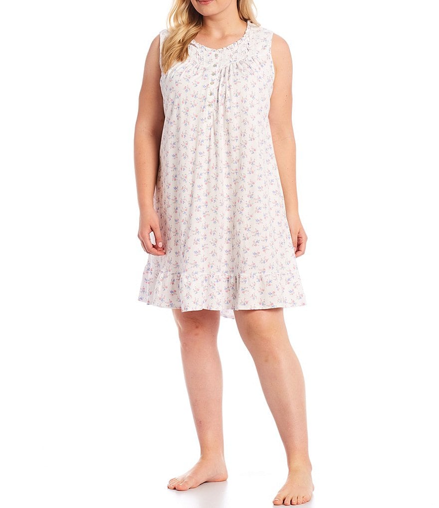 Miss Elaine Petite Silky Knit Square Neck Short Sleeve Checked Print Short Nightgown