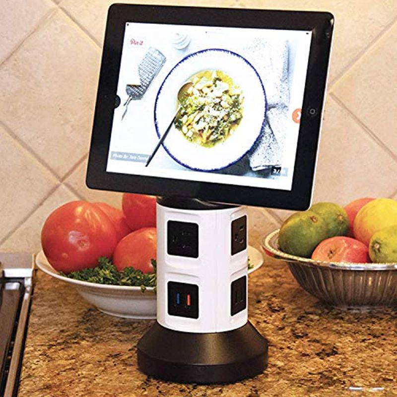 Bell and Howell Spin Power Strip Tower Surge Protector Electric Charging Station 4 Outlets 6 USB Ports with 7ft Retractable Cord Built-in Phone Holder As Seen On TV