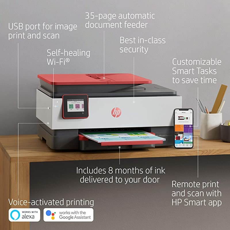 OfficeJet Pro 8035 All-in-One Wireless Printer - Includes 8 Months of Ink,  Instant Ink, Works with Alexa - Coral (4KJ65A)