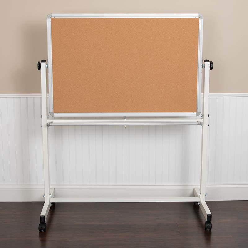 HERCULES Series 45.25"W x 54.75"H Reversible Mobile Cork Bulletin Board and White Board with Pen Tray