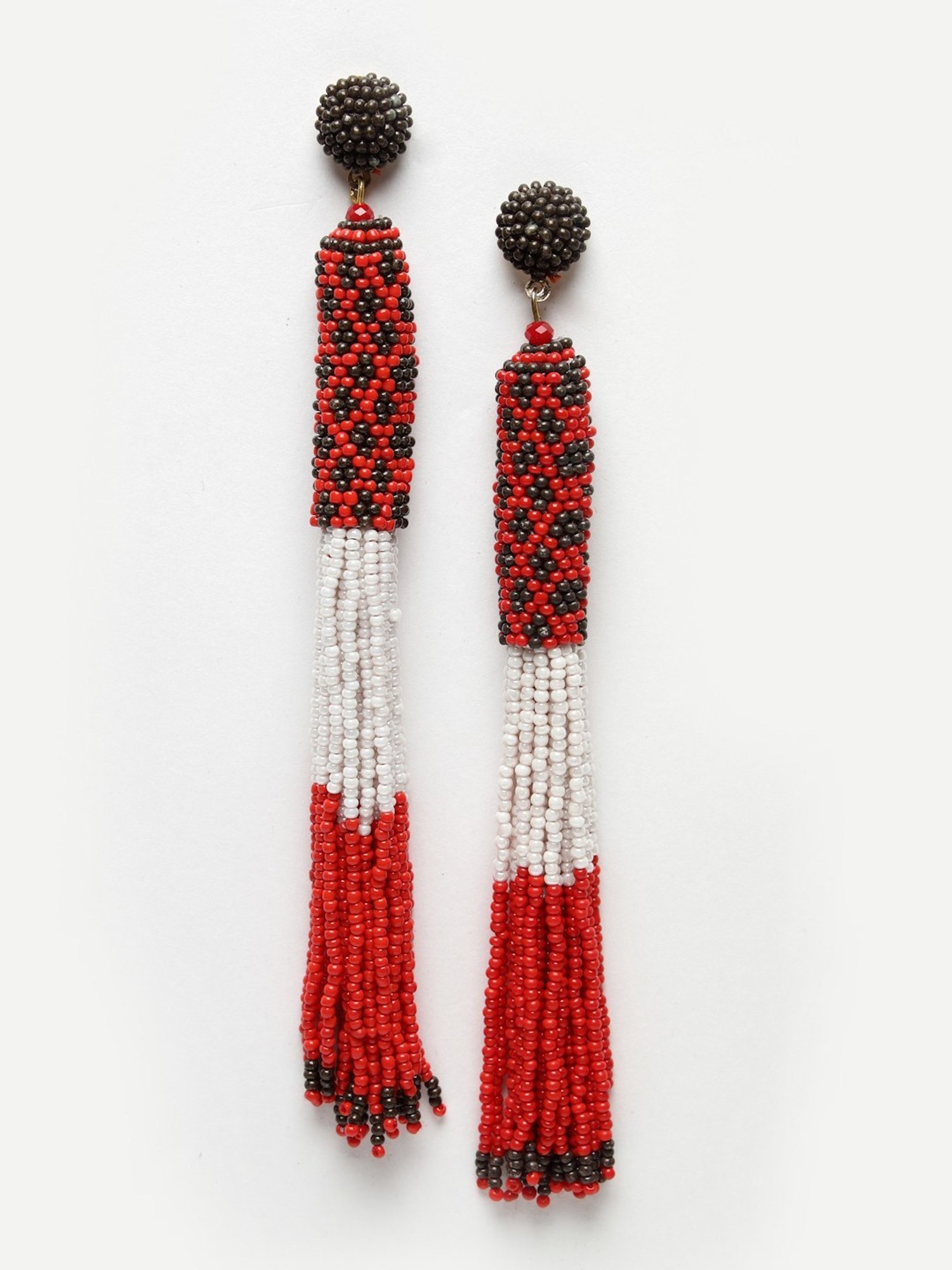 Moedbuille Red and Black Beads Contemporary Tasselled Design Gold Plated Handcrafted Earrings