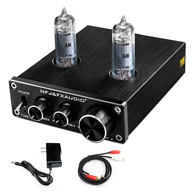 Vacuum Tube PreampMini Electronic HiFi Stereo 6K4 Tube Preamplifier with Bass Treble Control for Home Audio Player DC 12V Black