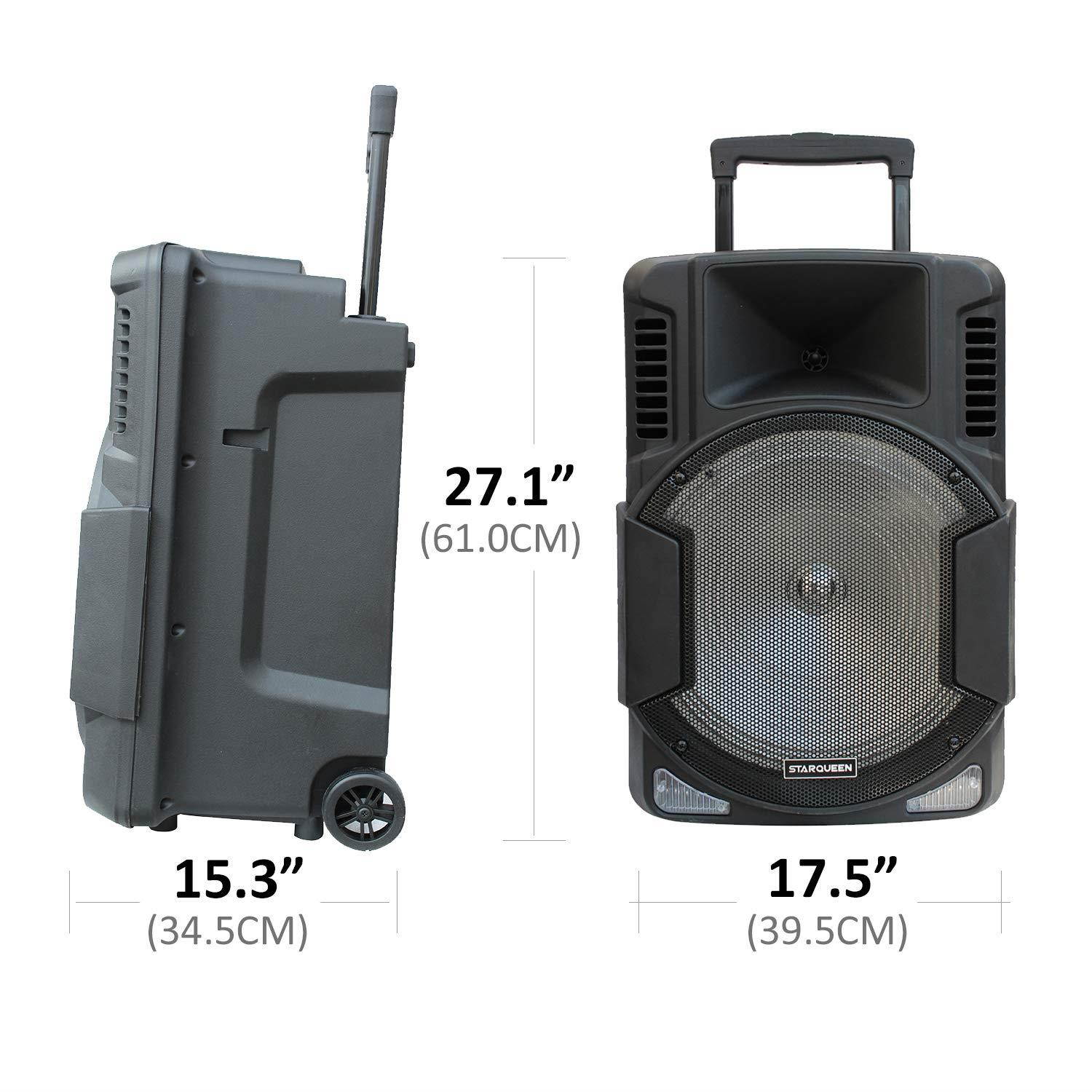 Starqueen 15Inch Trolley Bluetooth PA Speaker with 2 Wireless UHF Microphones, Battery Powered Rechargeable Karaoke DJ Speaker with Led Lights, Active Loud Digital Sound Box, FM/MP3/USB/TF Card/AUX