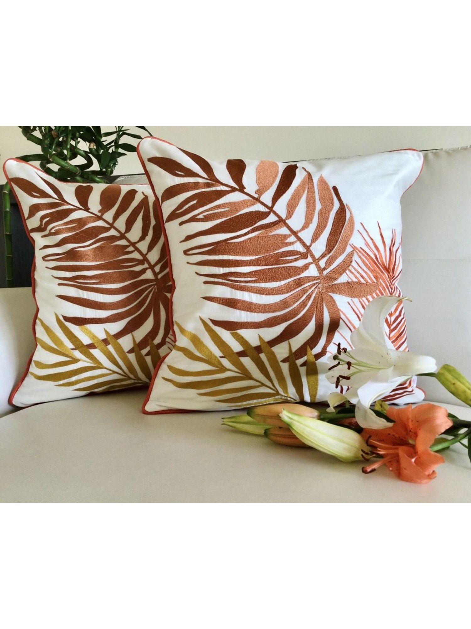 TARA Sparkling Homes Orange Embroidered Cotton Silk Cushion Cover - Set of 2