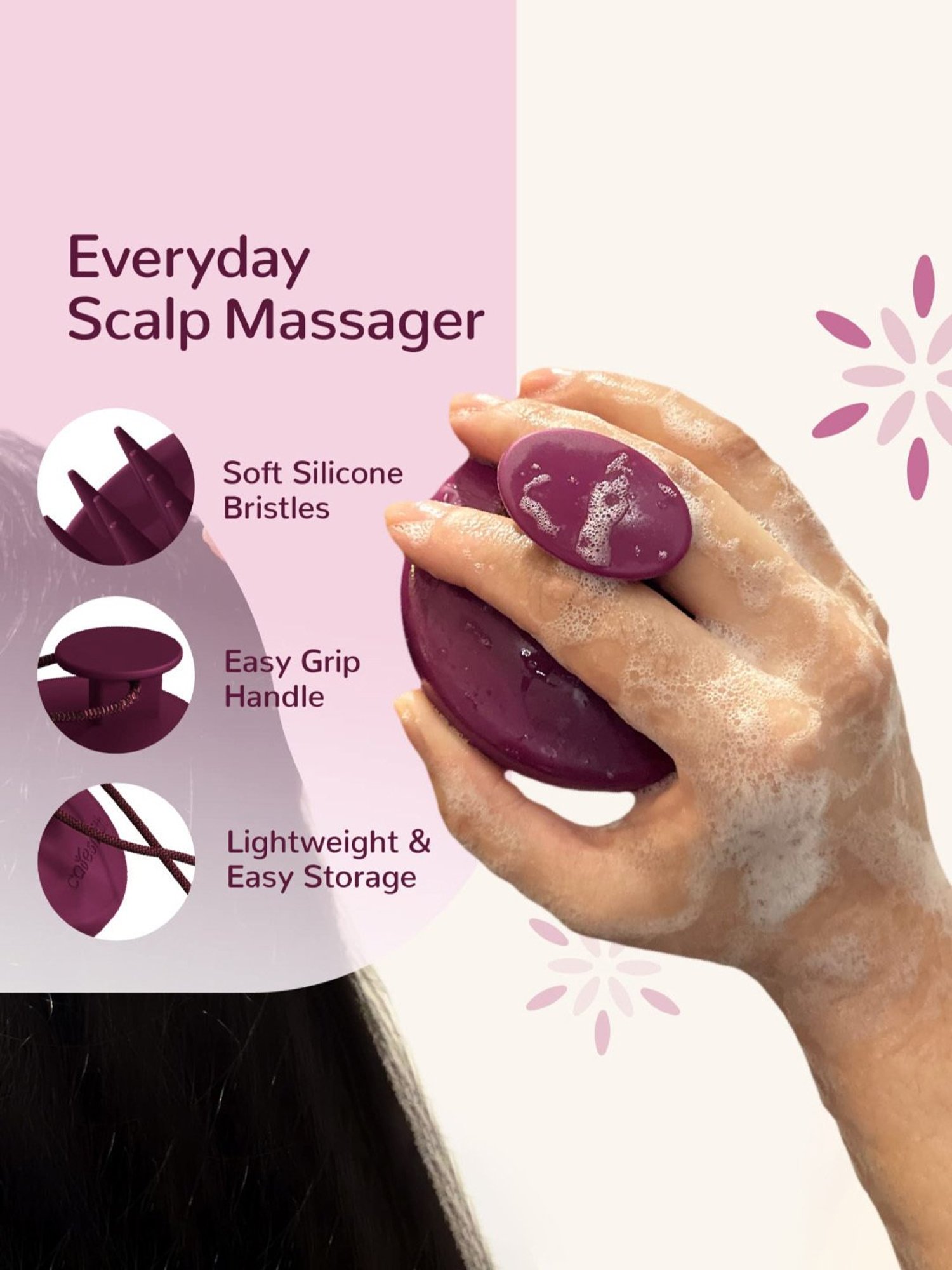 Caresmith Bloom Scalp Massager, All Silicone Body with Super Soft Bristles for Hair Growth (Purple)