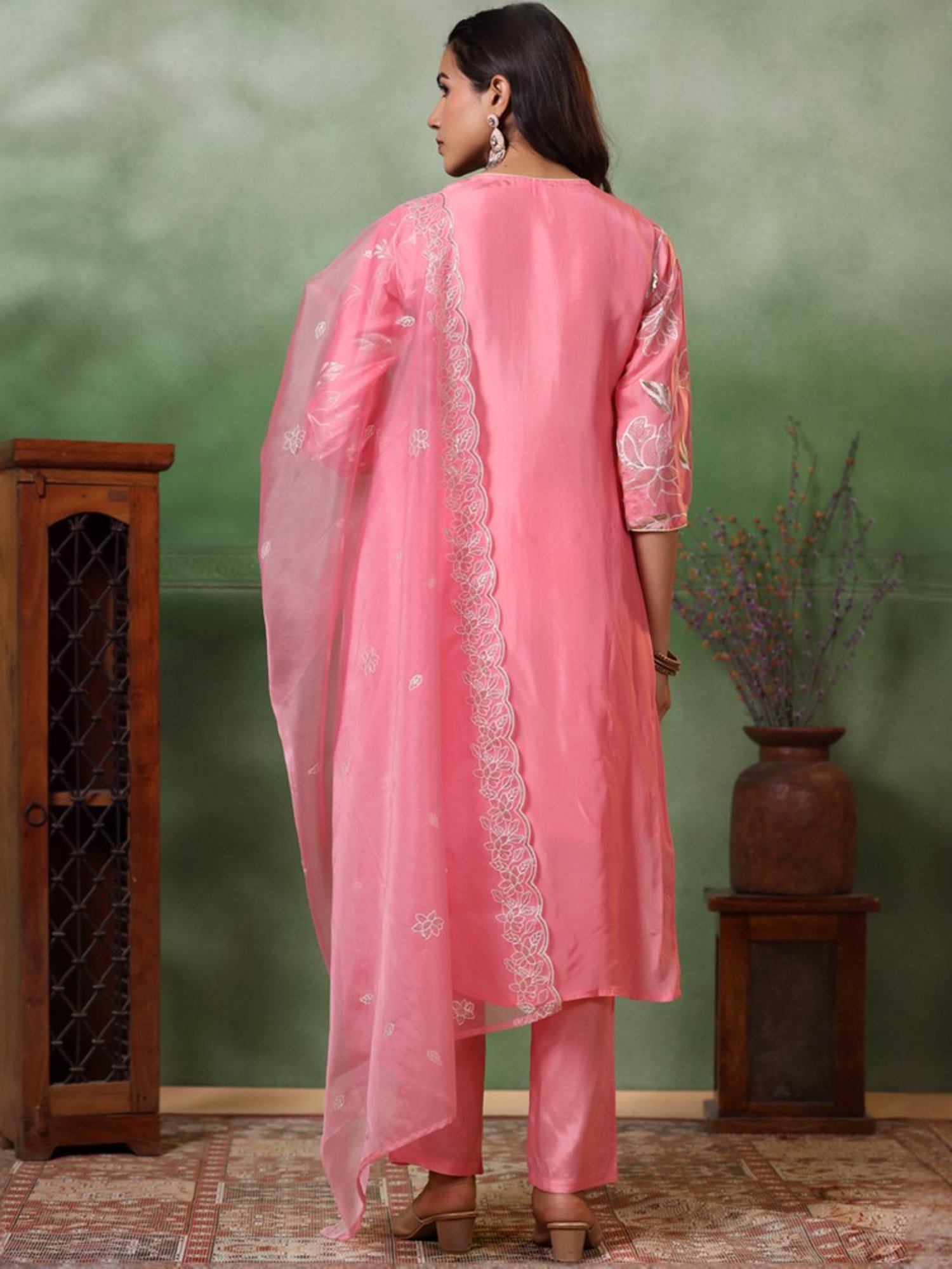 Fashor Pink Embroidered Kurta Pant Set With Dupatta
