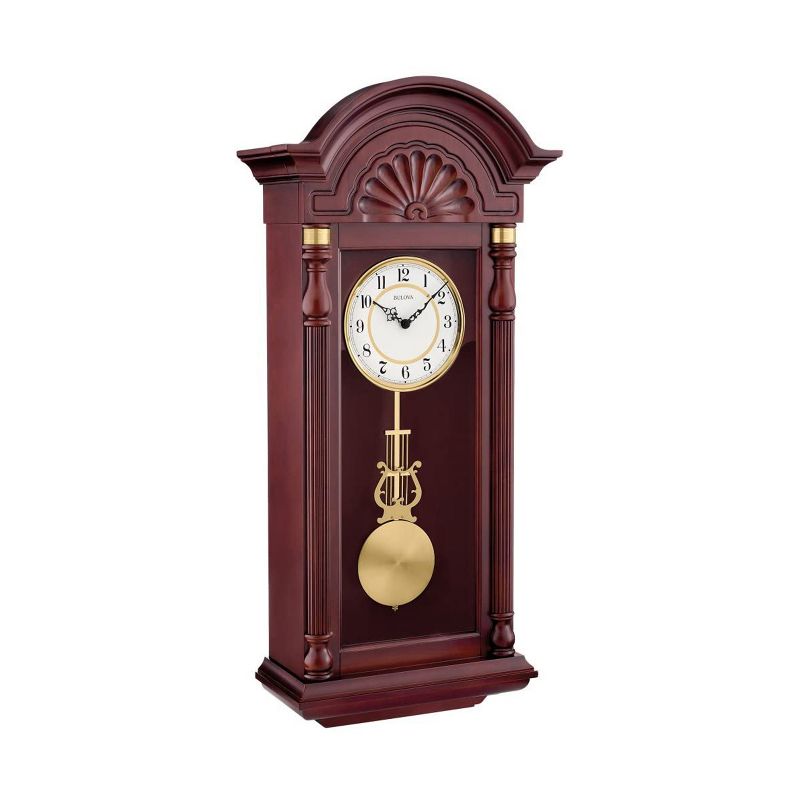 Bulova C1516 New Yorker Chiming Pendulum Arabic Numerals Wall Clock with Protective Glass Lens and Adjustable Volume, Mahogany