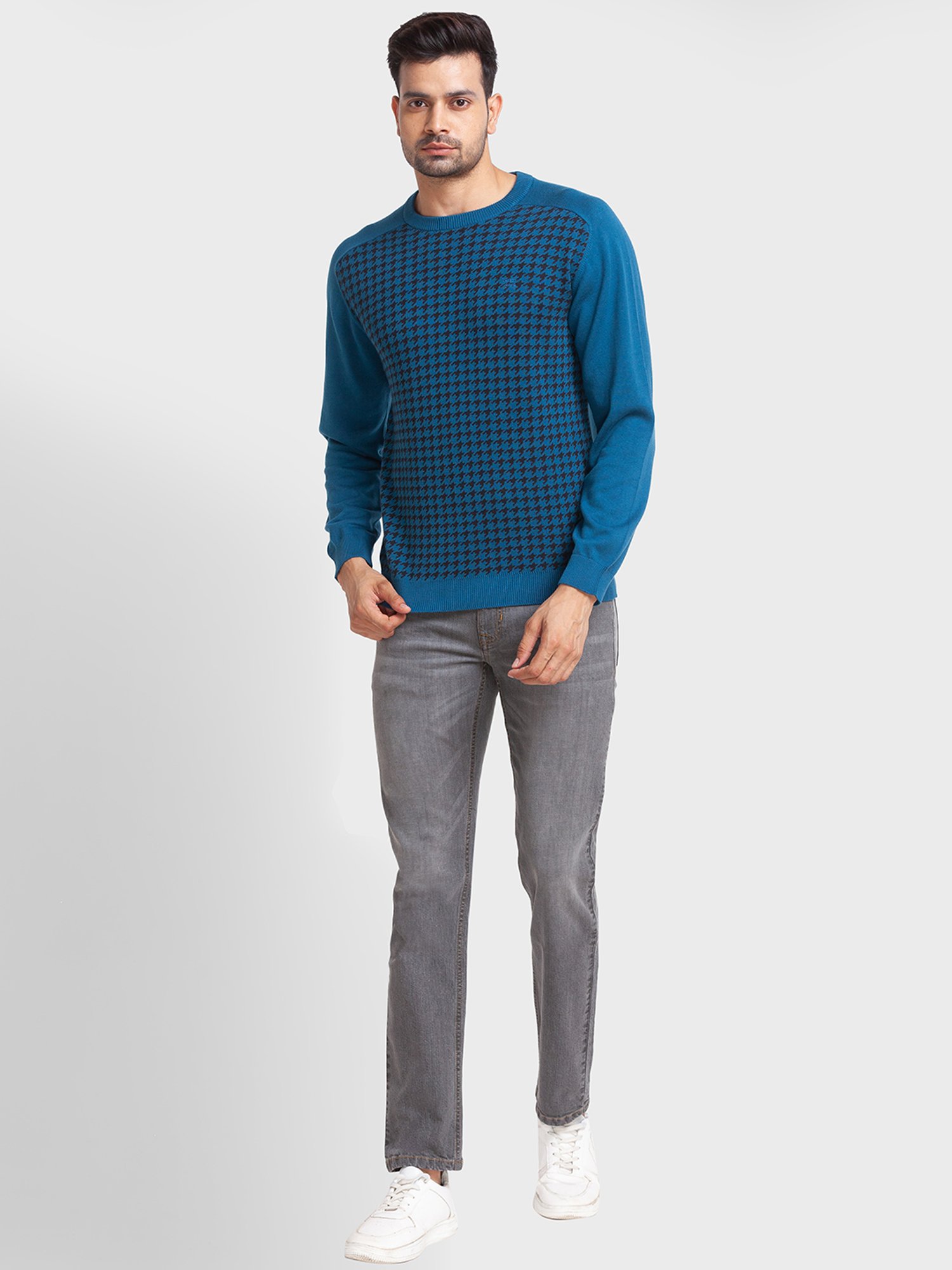 ColorPlus Blue Cotton Tailored Fit Self Pattern Sweaters