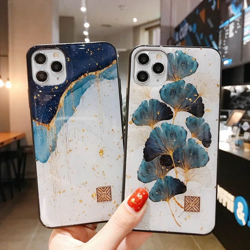 Luxury Gold Foil Phone Case For iPhone 11 12 mini Pro Max XS X XR 7 8 6 6S Plus SE Shockproof tree leaf Cases Cover