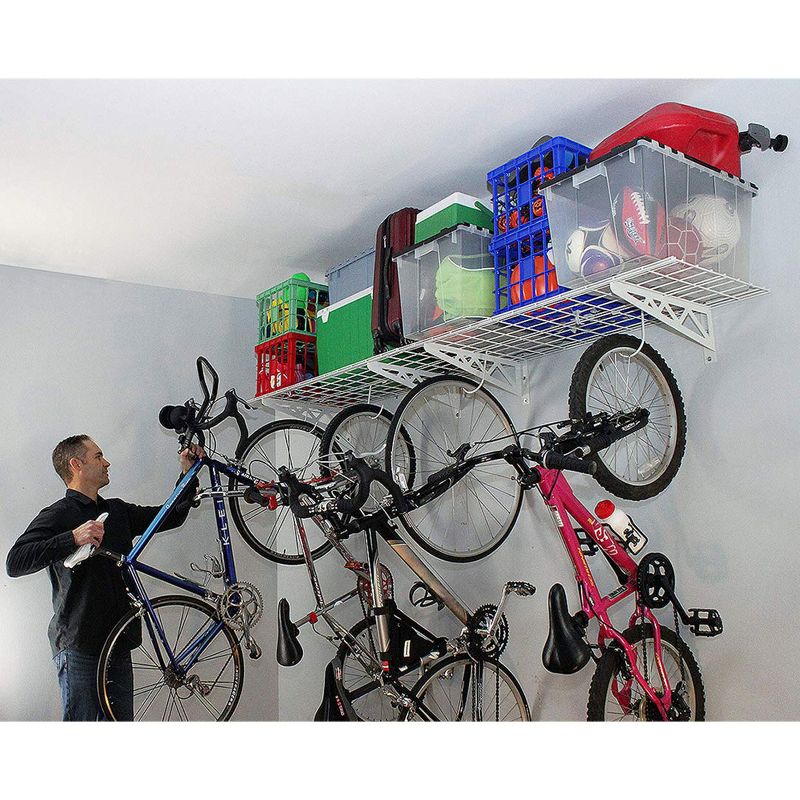 SafeRacks 18 x 48 Inch Garage Wall Shelf Two-Pack with Bike Tire Hooks, White