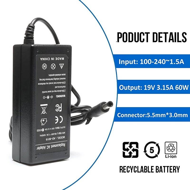 Adapter for Samsung 19V 3.15A 60W Compatible with Samsung AD-6019R 0335A1960 CPA09-004A Laptop Charger with 3-Prong Power Cord