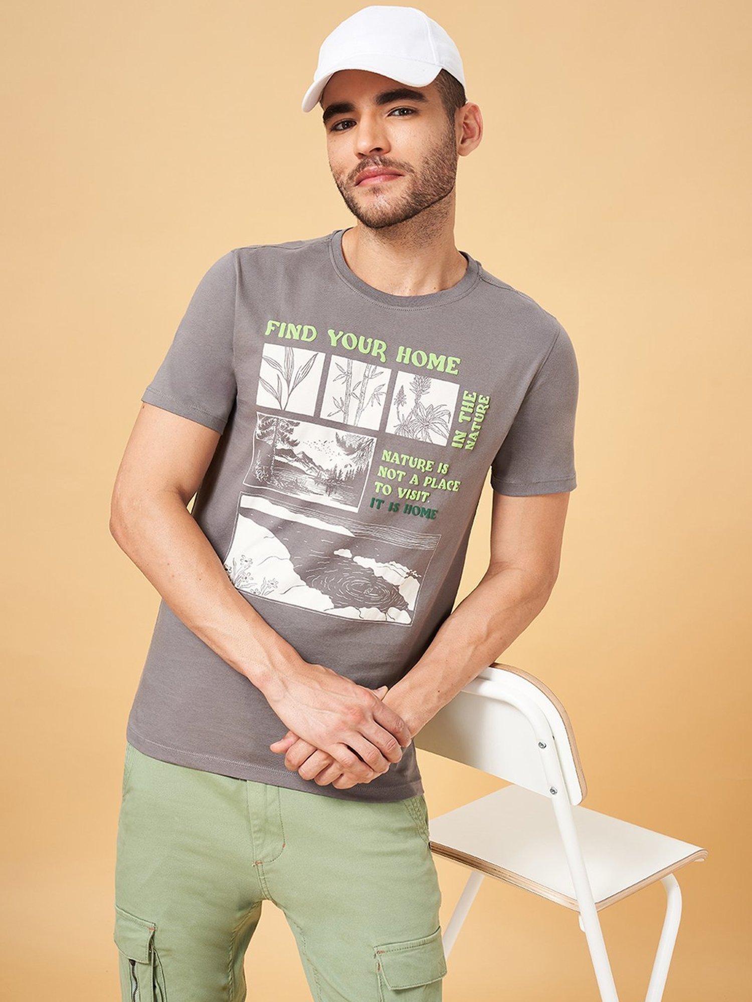 Urban Ranger by Pantaloons Mid Grey Cotton Slim Fit Printed T-Shirt