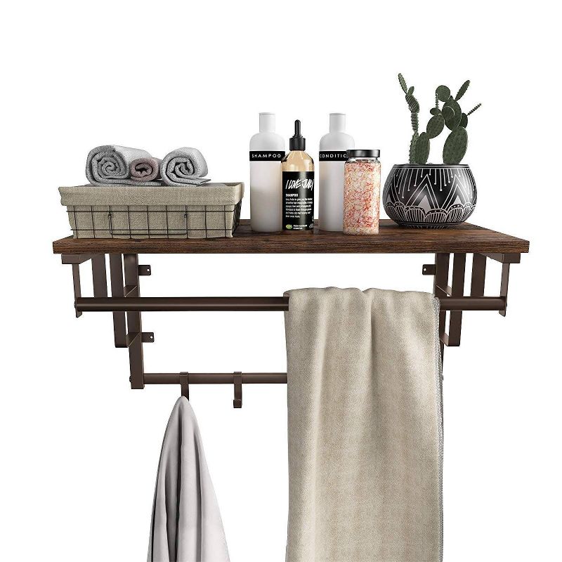 Metal Framed Wall Mounted Coat Rack with One Storage Shelf Brown and Black - Benzara