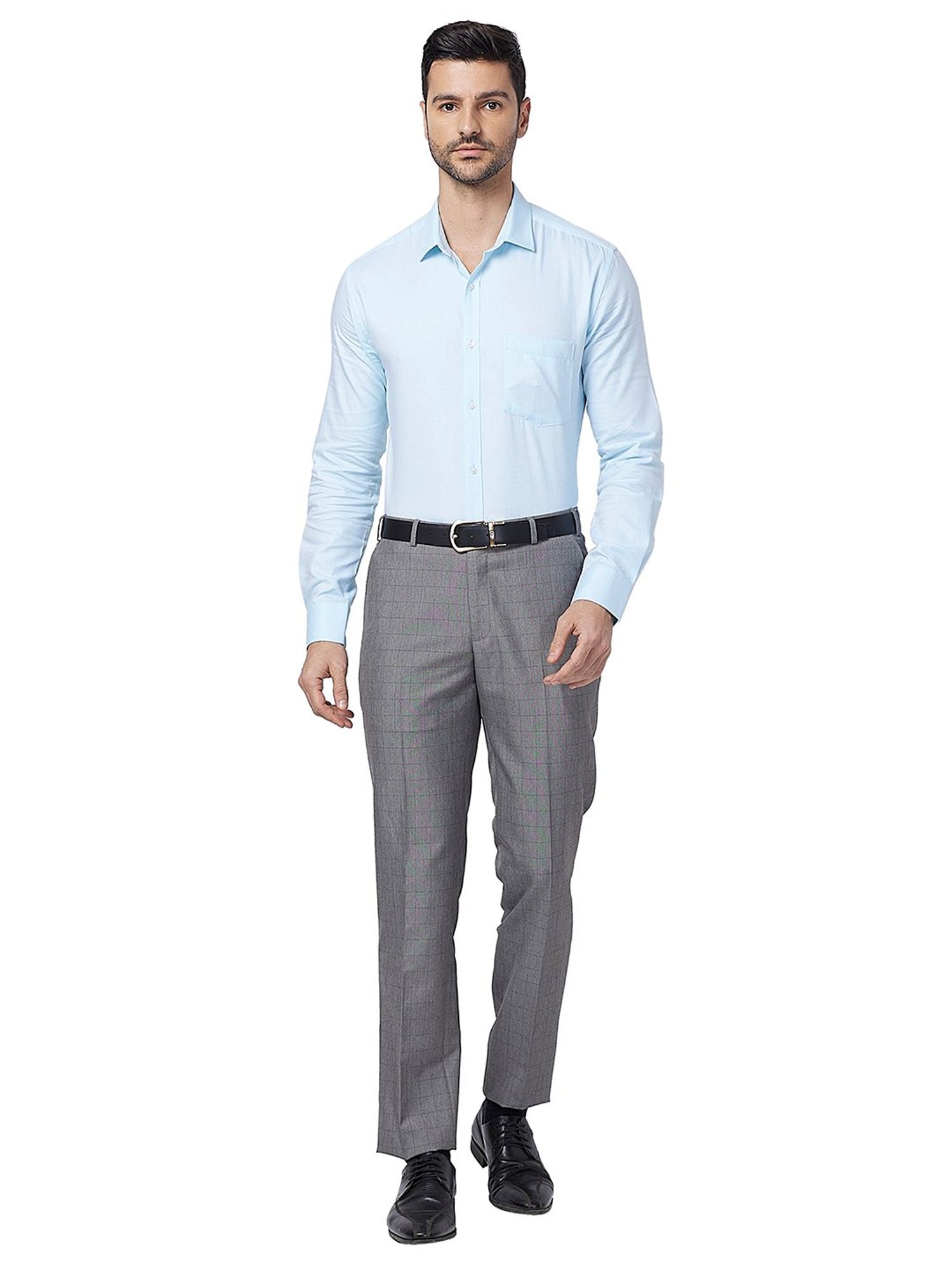 Park Avenue Grey Regular Fit Check Flat Front Trousers