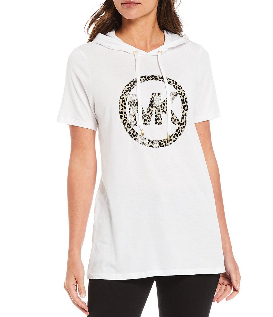 MICHAEL Michael Kors Organic Cotton Knit Jersey Cheetah MK Circle Logo Drawstring Hoodie Tunic