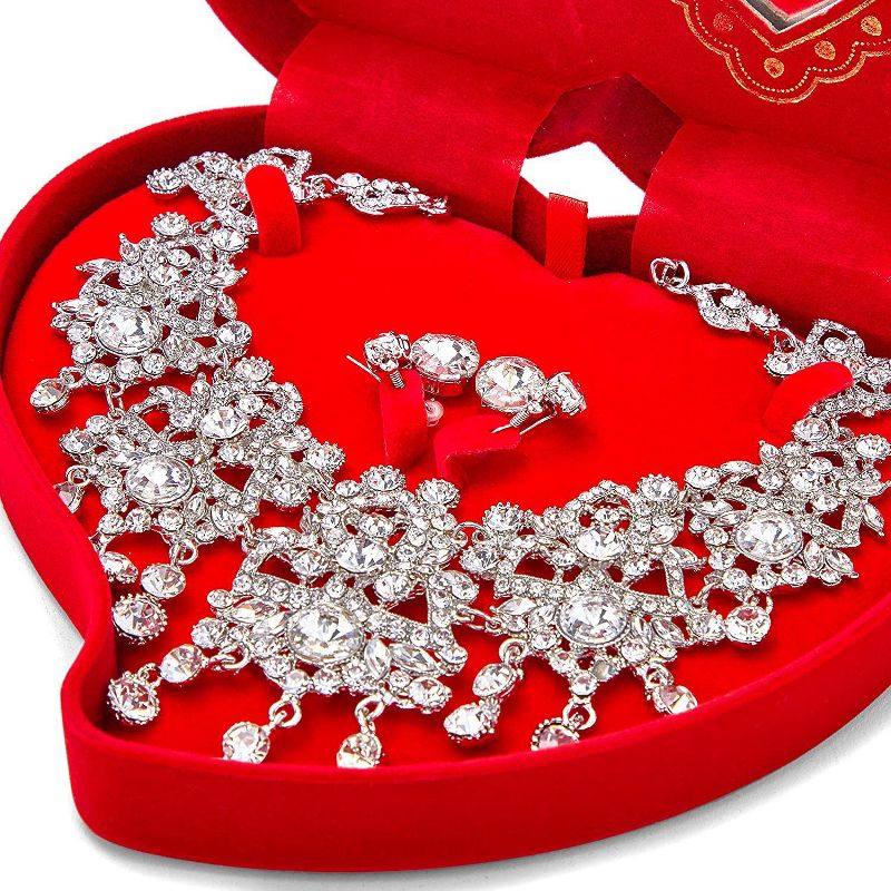Okuna Outpost Faux Diamond Necklace and Earrings Jewelry Set with Red Heart Shaped Box