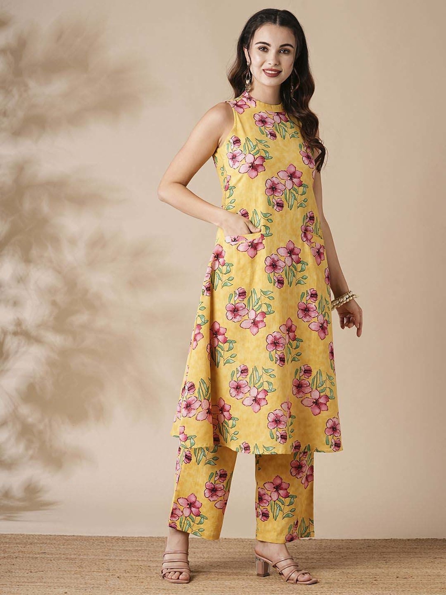 Fashor Yellow Cotton Floral Print Kurta Palazzo Set