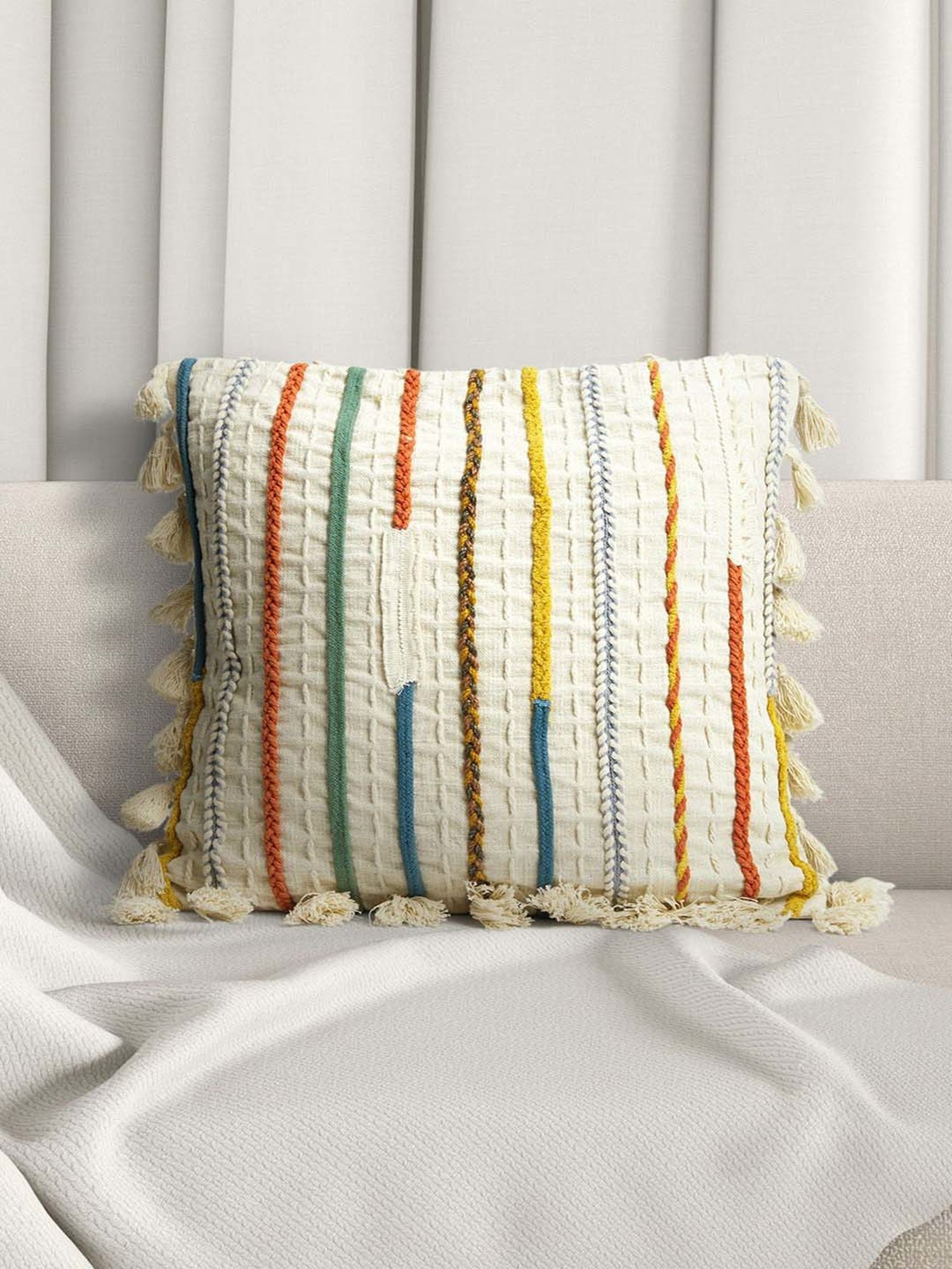 Living Scapes by Pantaloons Off White Cotton Cushion Cover