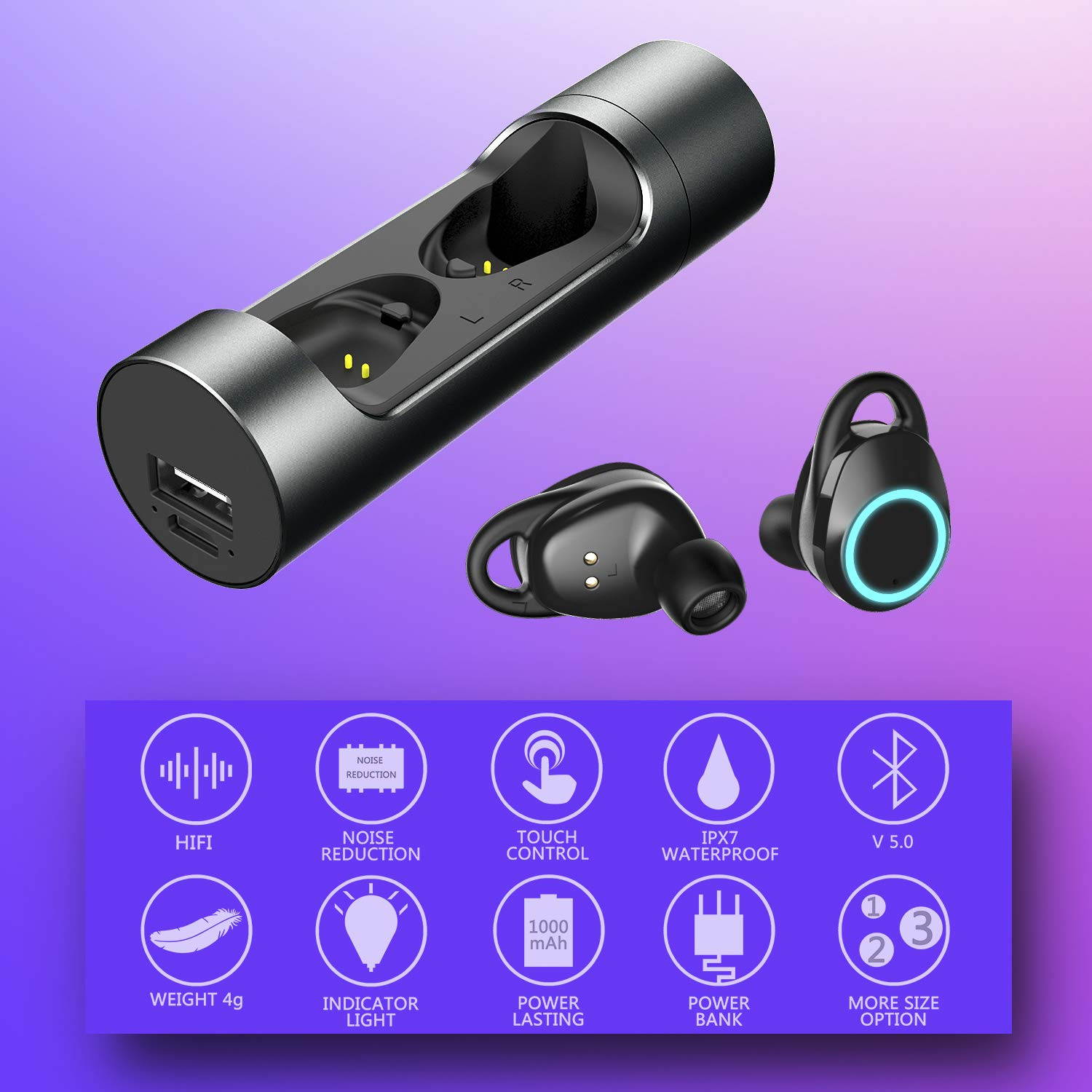 5pcs TWS Bluetooth 5.0 Wireless Earbuds With 4000Amh Charging Case IPX7 Waterproof TWS Stereo Headphones in-Ear Built-in Mic Headset Premium Sound with Deep Bass for Sport - Black