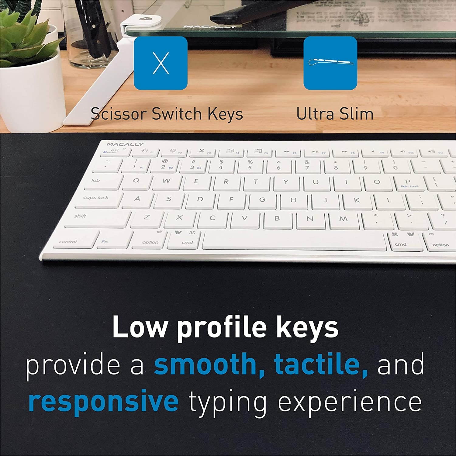 Macally Wireless Bluetooth Keyboard for Mac or PC - Multisync, Connect up to 3 Devices Simultaneously - Rechargeable Mac Wireless Keyboard with 110 Keys, 20 Shortcuts, and Numeric Keypad - White