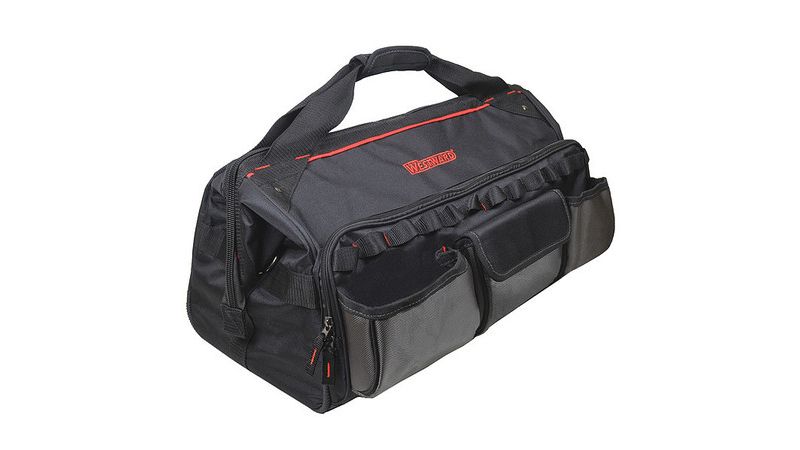 WESTWARD 32PJ40 Wide-Mouth Tool Bag, 600d Polyester, 11 Pockets, Black, 14"