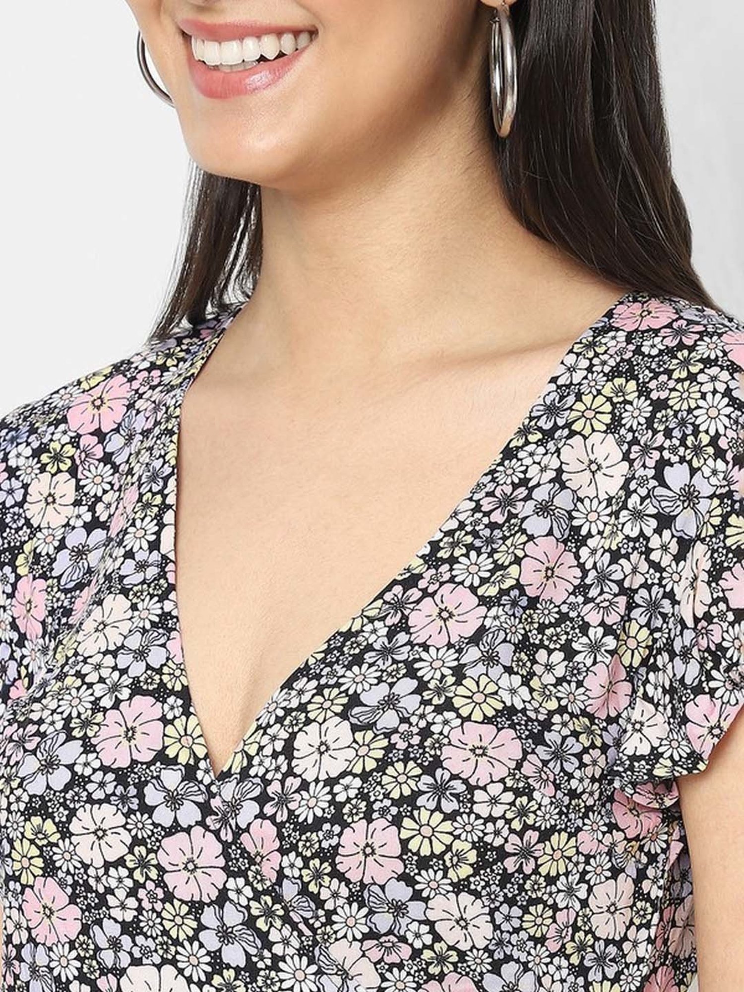 VASTRADO Black & Pink Floral Print A-Line Wrap Dress