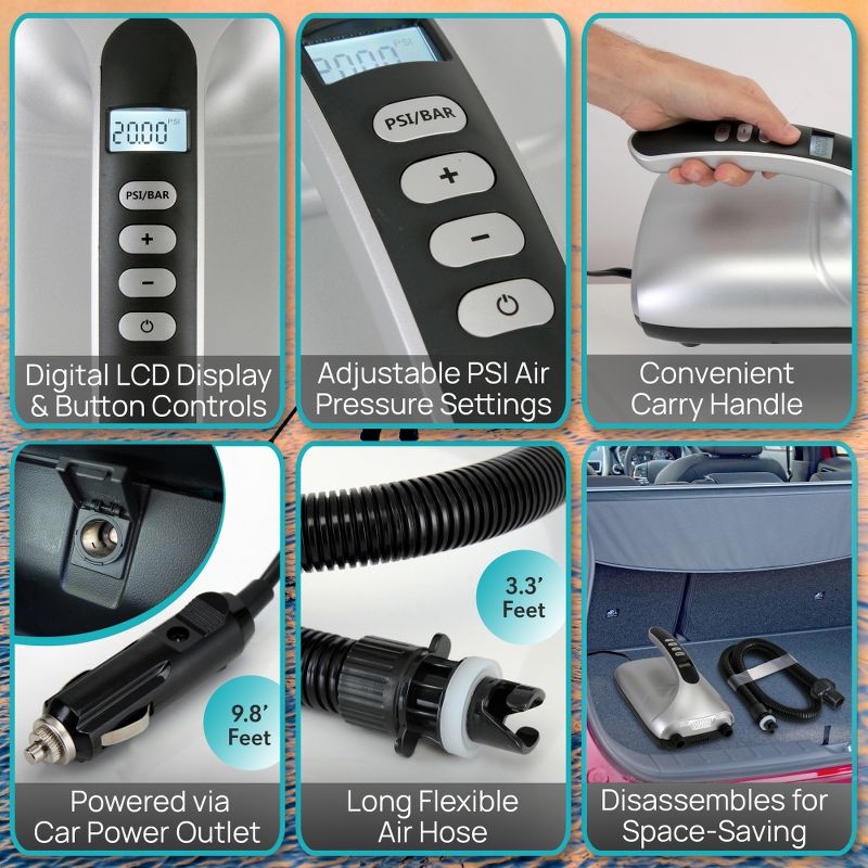 SereneLife Portable Digital Electric Air Pump Inflator Compressor with Detachable Hose for Watersports, Pool Inflatables, & SUP Paddleboards (2 Pack)