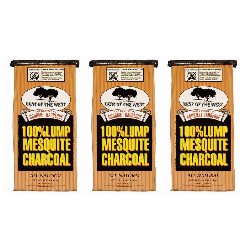 Best of the West All-Natural Mesquite Lump Charcoal for Grilling or Smoking, No Added Preservatives, 15.40-Pound Bag (3 Pack)