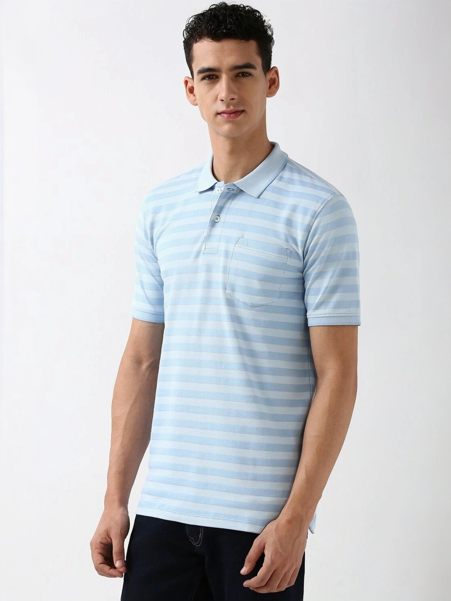 Peter England Blue Regular Fit Striped Polo T-Shirt