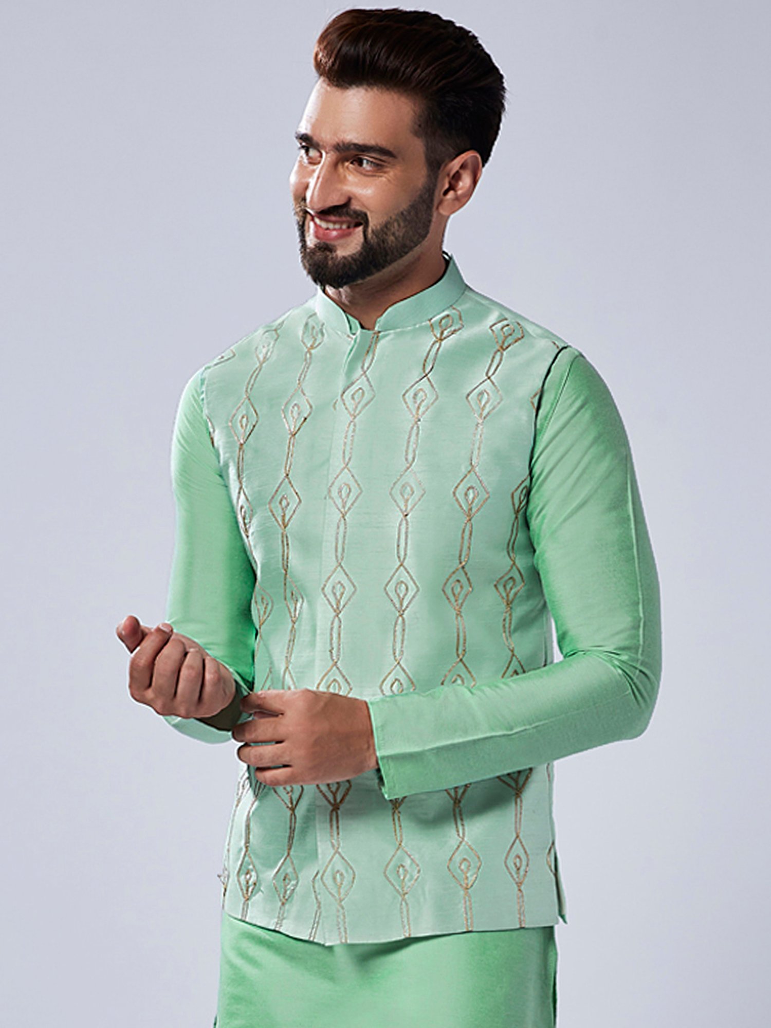 KISAH Sea Green Regular Fit Embellished Nehru Jacket