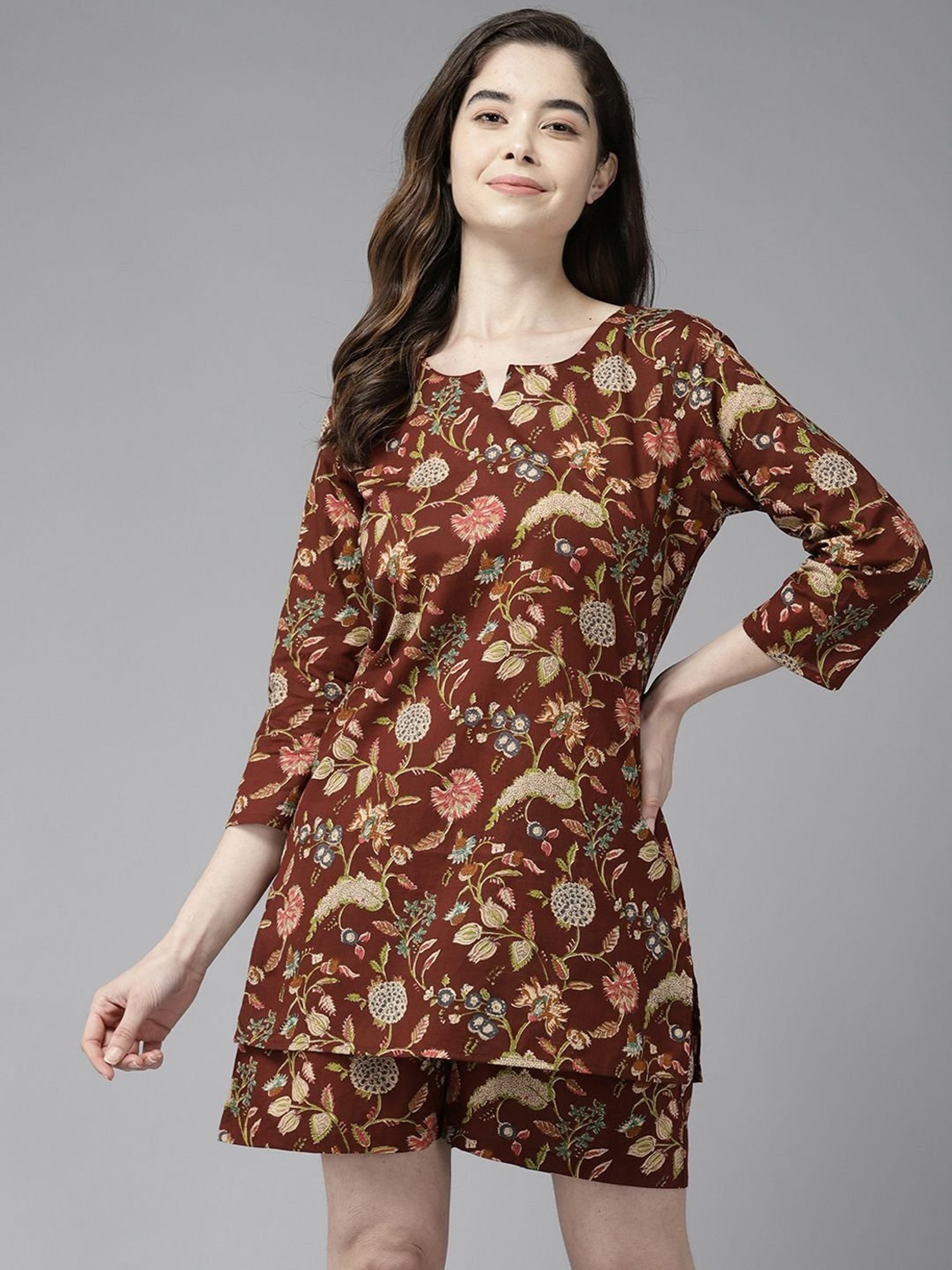 Prakrti Brown Cotton Printed Top Shorts Set