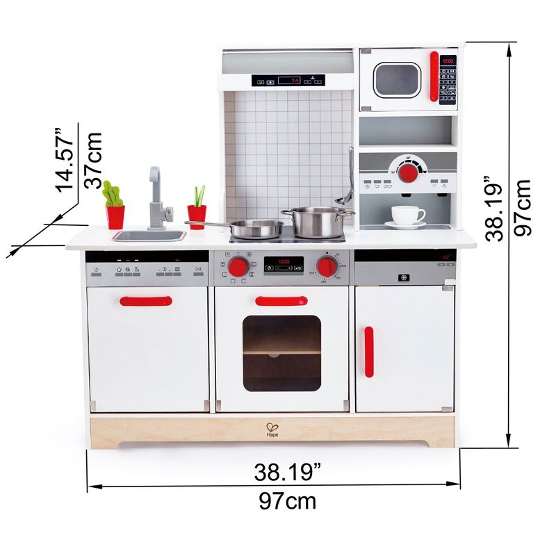 Hape E3145 All In 1 Kids Toddler Wooden Pretend Play Kitchen Set with Oven, Stove, Sink, Microwave, Coffee Maker, Dish Washer, Fridge and Accessories