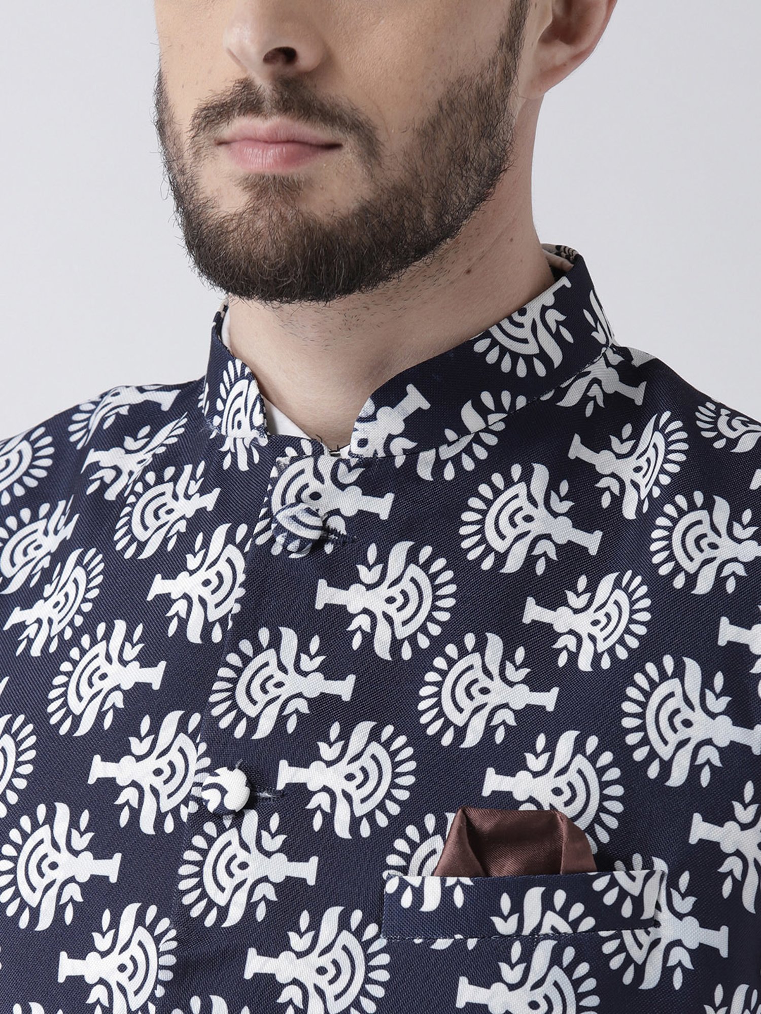 Hangup Plus Navy & White Regular Fit Printed Nehru Jacket