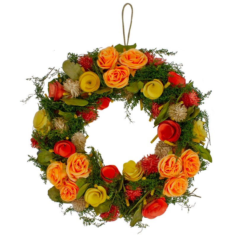 Northlight 12.5" Unlit Peach/Green Flowers with Moss and Twig Artificial Floral Spring Wreath