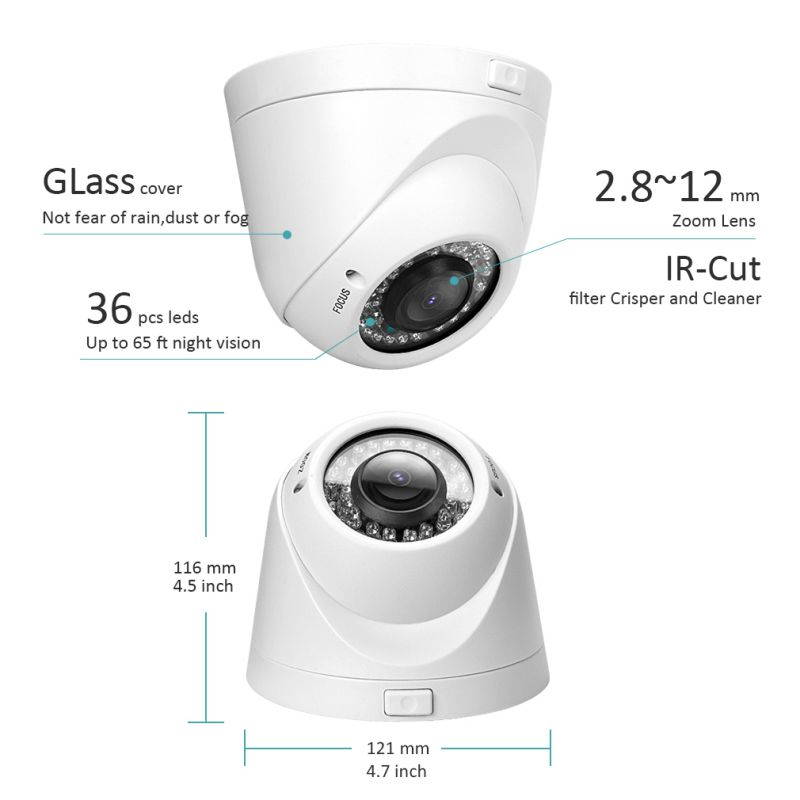 HD 1080P 4-in-1 (TVI/AHD/CVI/CVBS) Security Dome Camera, 2.8mm-12mm Manual Focus/Zoom Varifocal Lens, Weatherproof Metal Housing 36 IR-LEDs Day & Night Monitoring (White) TMEZON