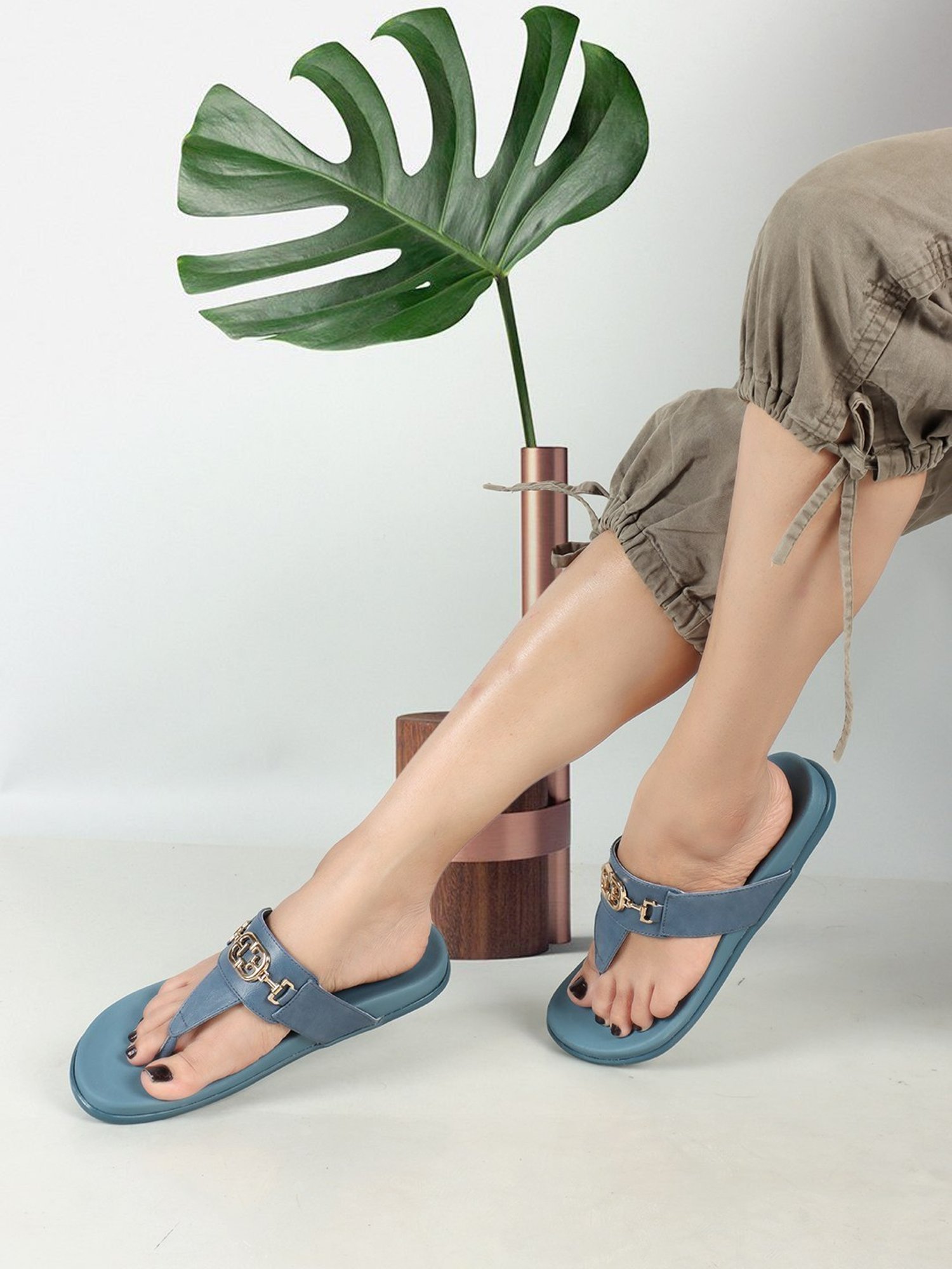 Elle Women's Blue T-Strap Sandals