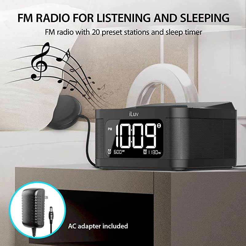 Time Shaker 6Q Wow QiCertified Fast 7510W Wireless Charging Alarm Clock with Vibration Shaker Dual Alarm Bluetooth Speakers FM Radio Sleep Timer 10Level Dimmer USB Charging Port