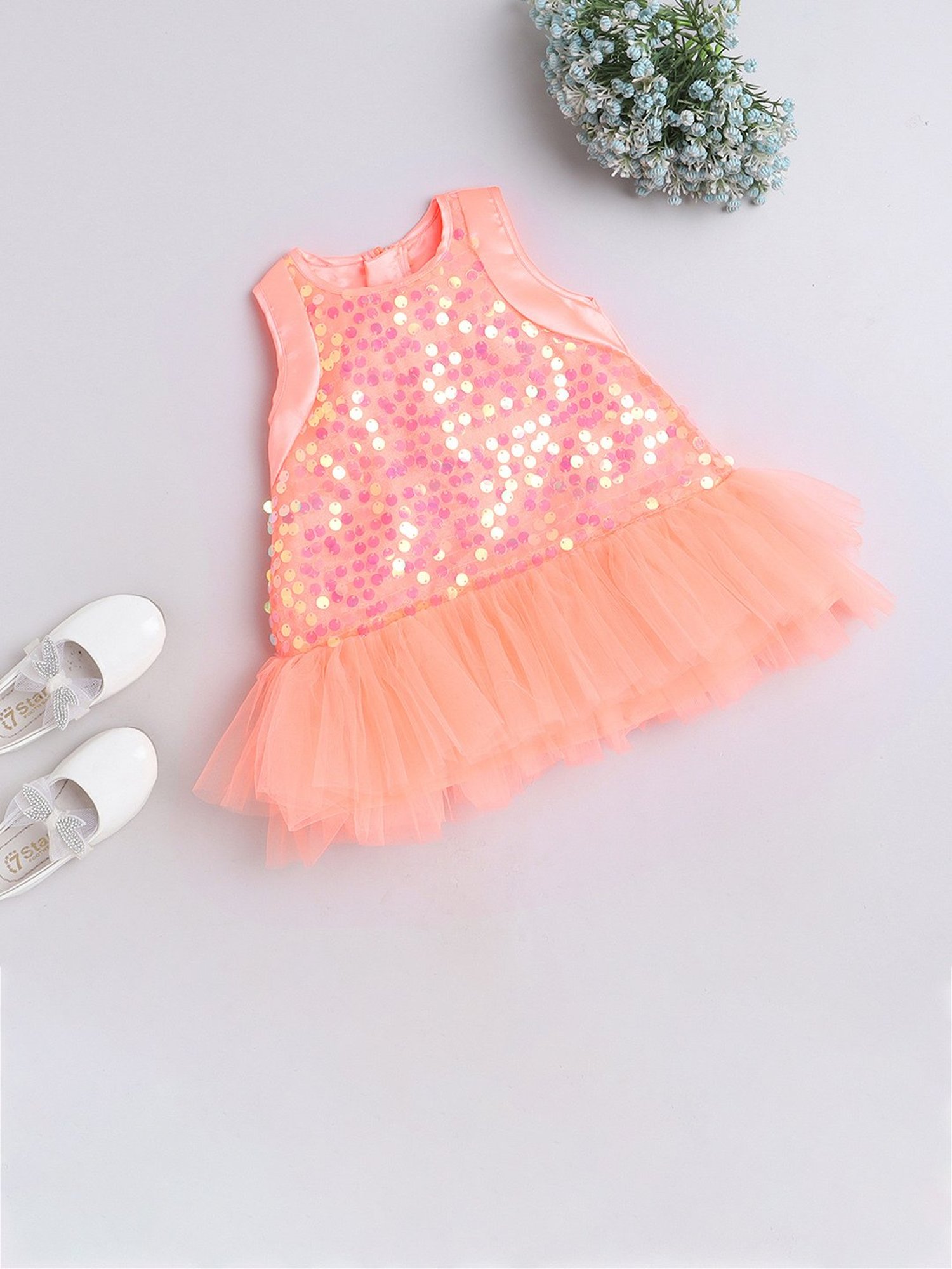 Many Frocks Kids Peach Embellished Dress