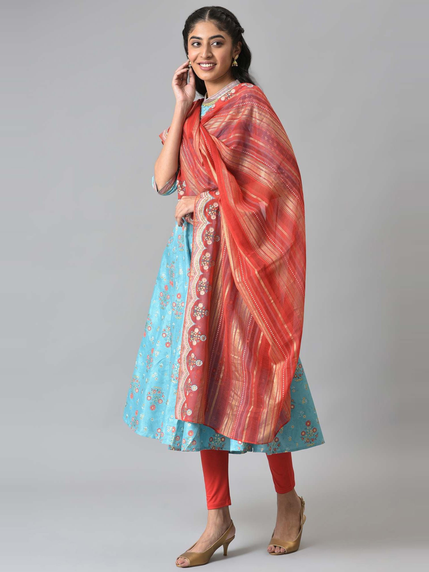 Aurelia Sky Blue & Red Printed Kurta Leggings Set With Dupatta