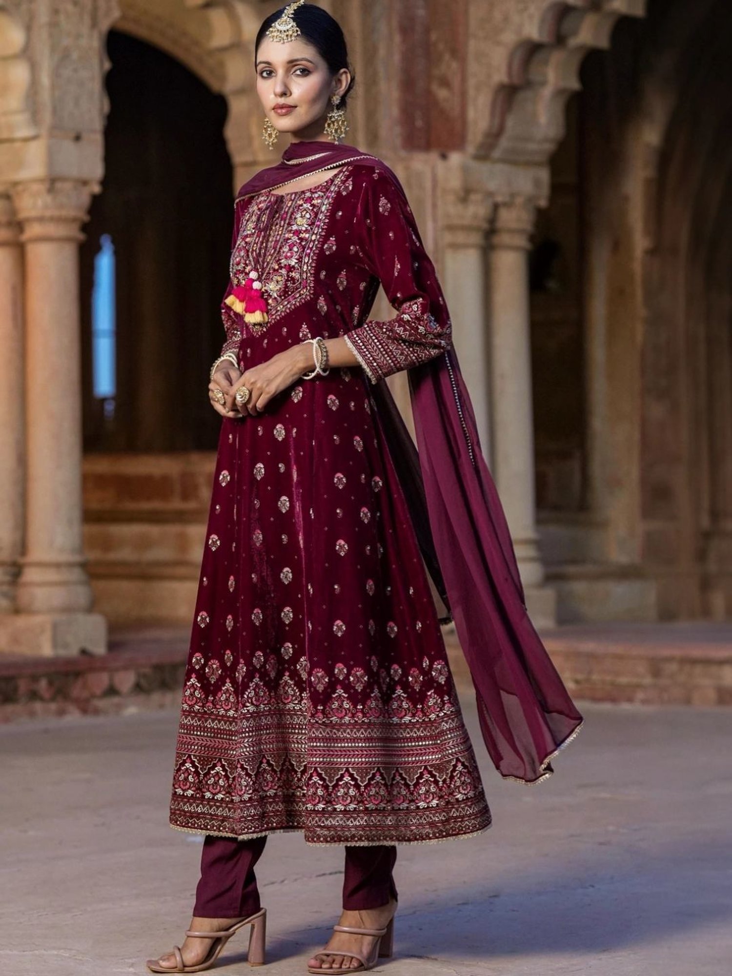 Scakhi Maroon Velvet Foil Printed Anarkali Suit Set Kurta With Pant And Dupatta