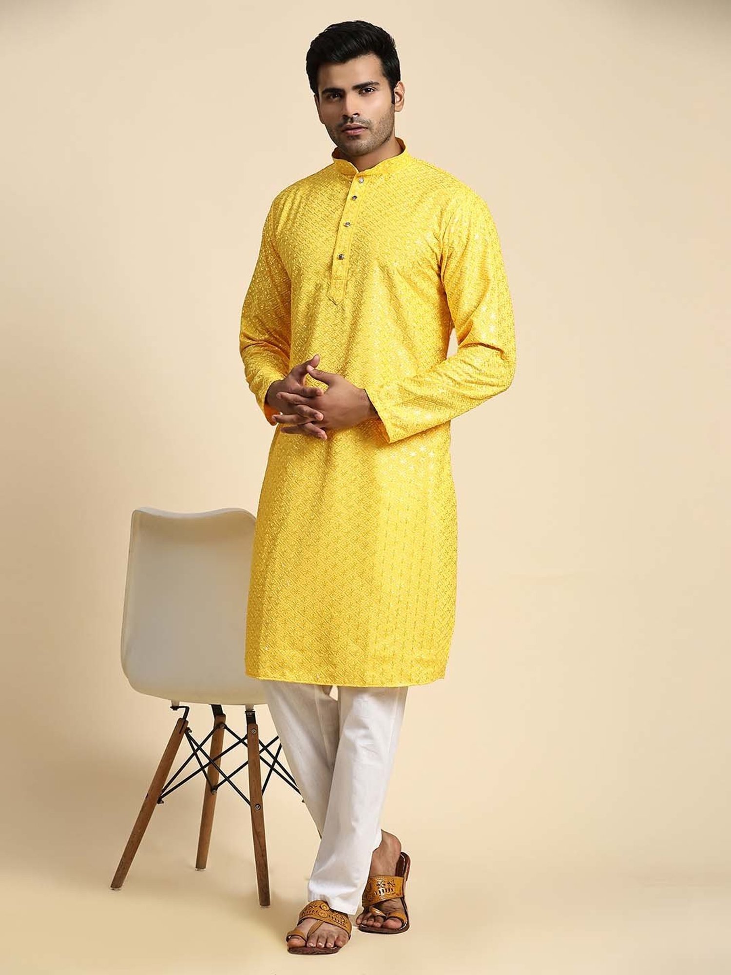 Pro-Ethic Style Developer Yellow & White Regular Fit Embroidered Kurta & Pyjamas Set