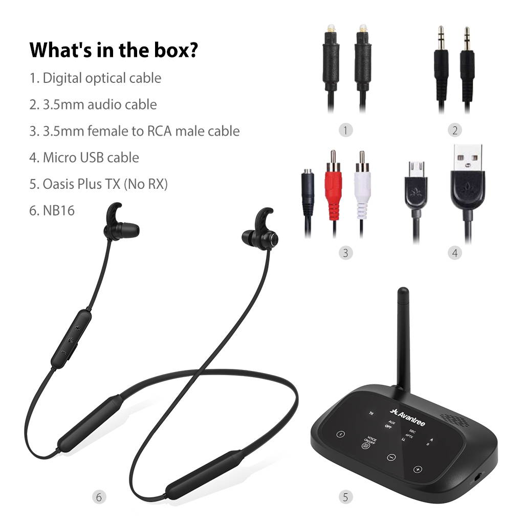 Avantree HT5006 Wireless Headphones Earbuds for TV Watching, Neckband Earphones Hearing Set w/Bypass Bluetooth Transmitter for Optical Digital, RCA, 3.5mm Ported TVs, Plug n Play, No Delay