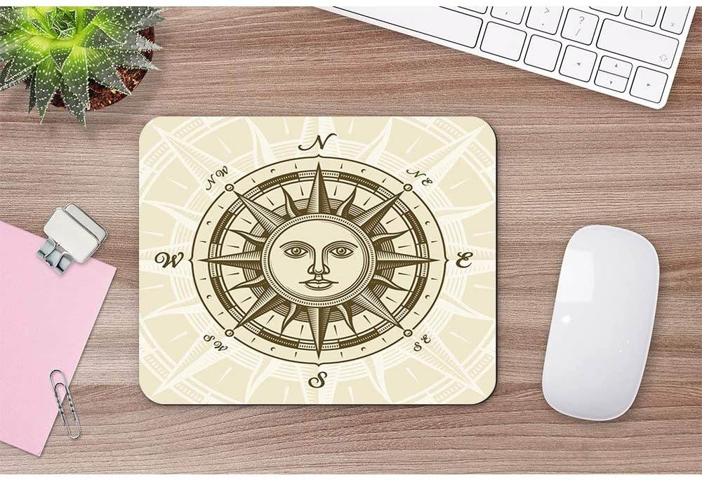 Wozukia Compass Mouse Pad Sun Face Ancient Travel Nautical East West South North Rose Vintage Personalized Design Non-Slip Rubber Mouse Pad Rectangle Mouse Mat 9.5x7.9 Inch