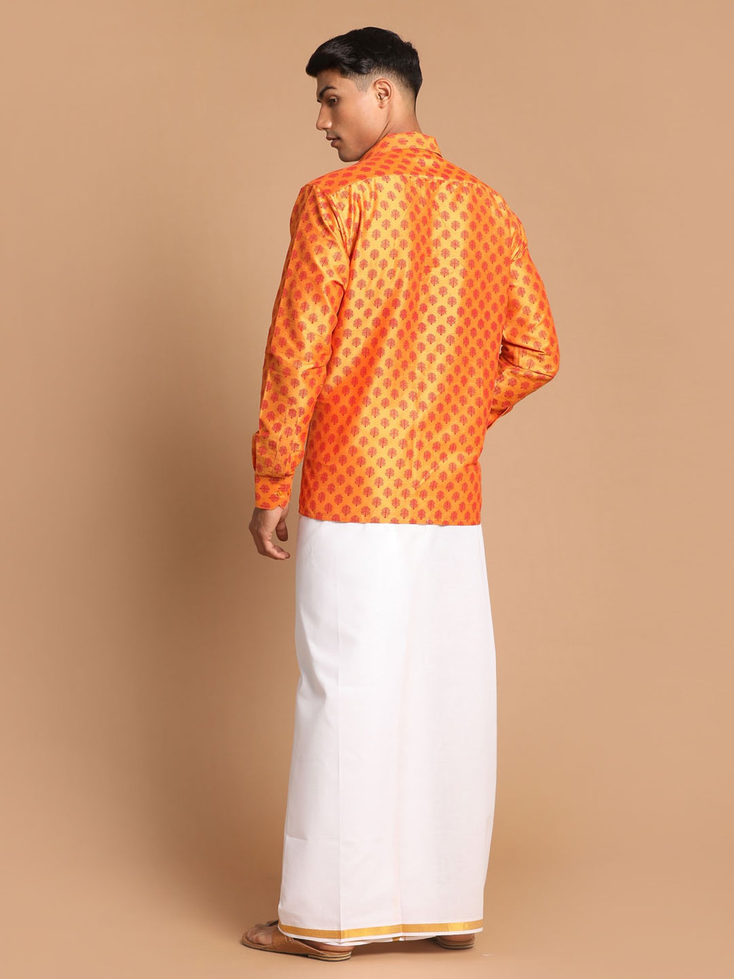 VASTRAMAY Orange & White Regular Fit Printed Shirt & Mundu Set