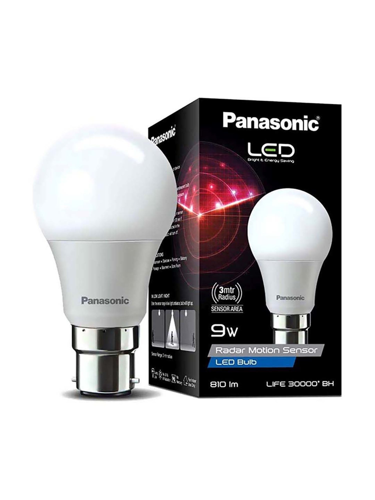 Panasonic B22 9Watt LED Bulb With Radar Motion Sensor - Pack of 3 (White)