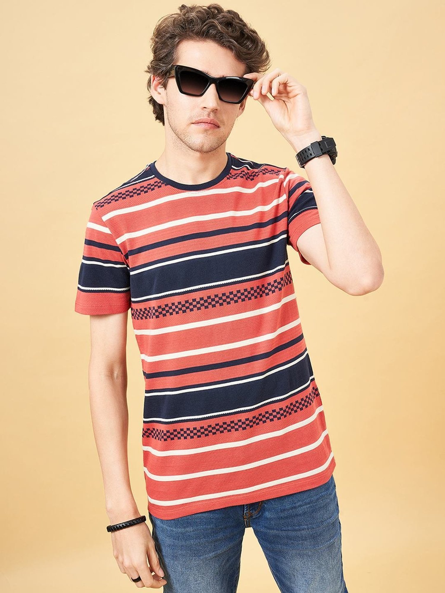 SF Jeans by Pantaloons Tabasco Cotton Slim Fit Striped T-Shirt