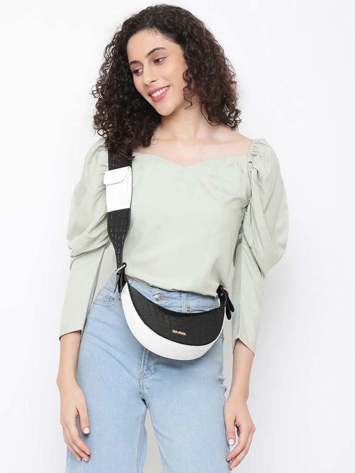 KLEIO Black Textured Medium Sling Handbag