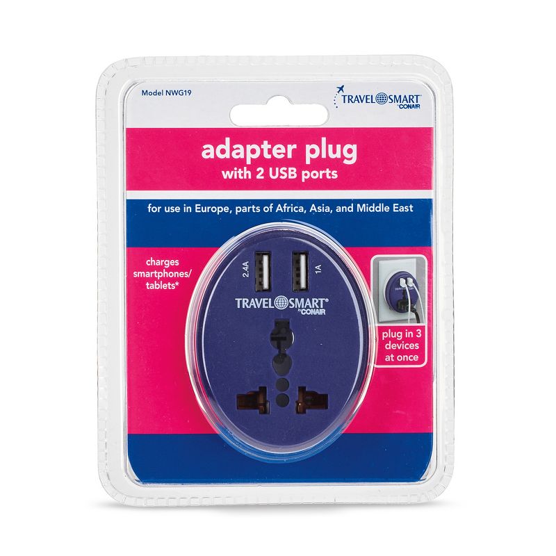 Travel Smart by Conair EU Adapter Plug with Outlet and 2 USB Ports