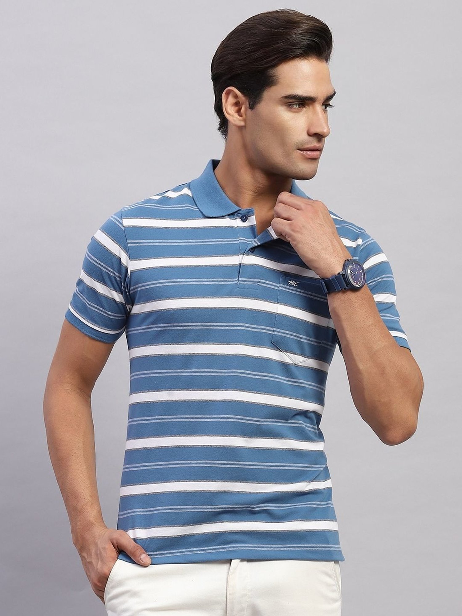 Monte Carlo Blue Regular Fit Striped Polo T-Shirt