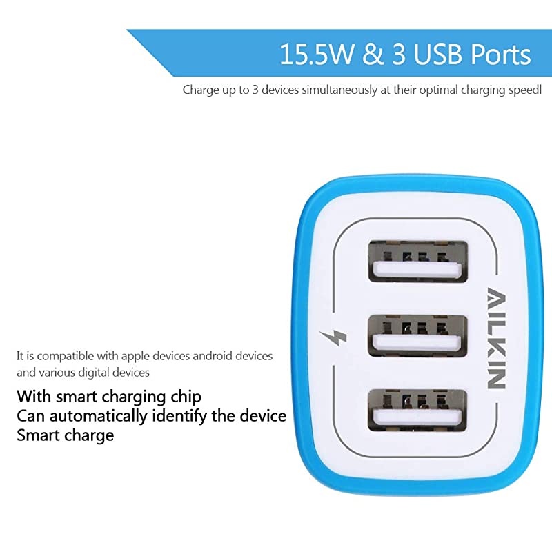 USB Charger Multi Port  Micro USB Charger Charging Block USB Wall Plug Travel Charger Outlet Fast Charger Brick USB Charging Block Compatible iPhone iPad iPhone and iWatch Blue3Port